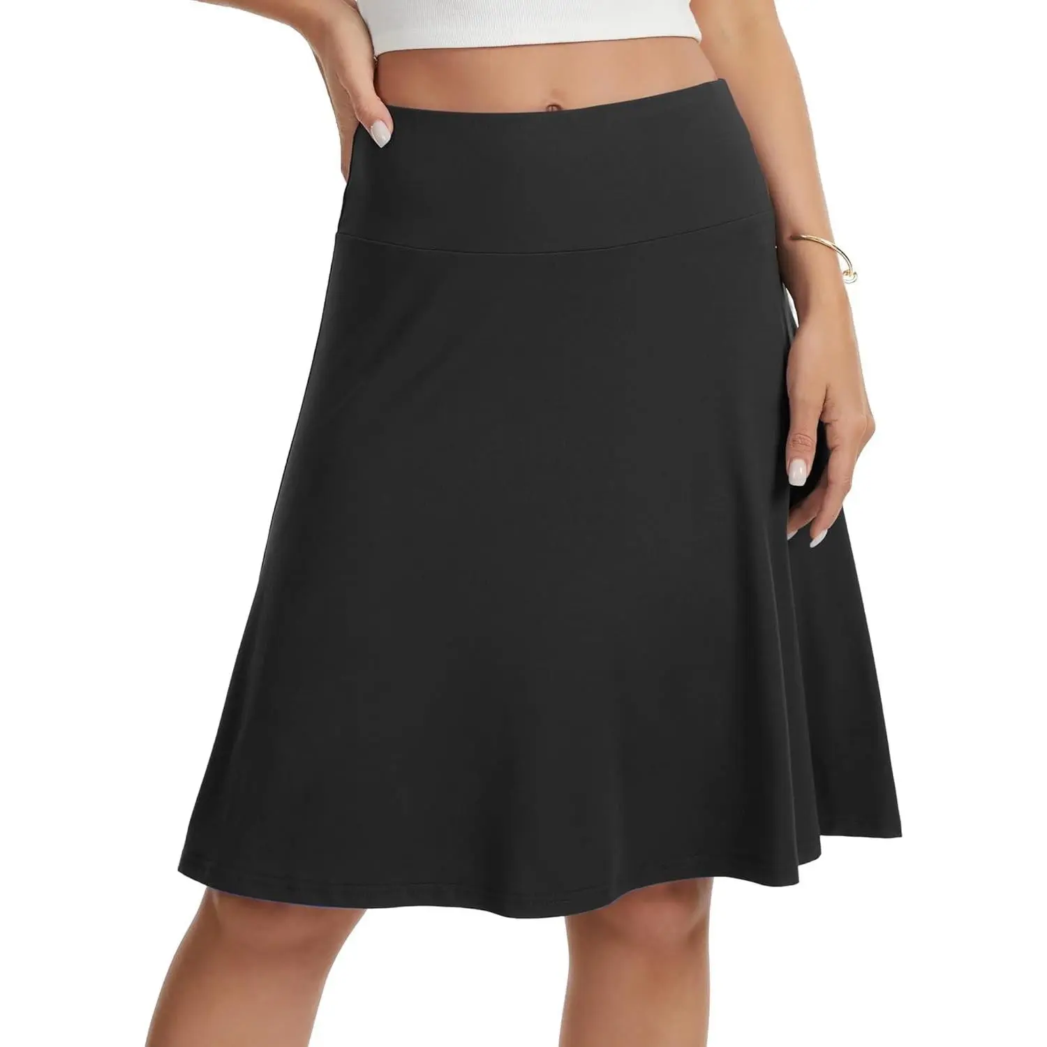 Women's Knee Length Skirt High Waisted Stretchy A-Line Skater Skirt Soft Knit Modest Casual Skirts for Daily WearGift