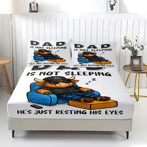 Funny Dad Highland Cow Print Bed Sheet Set, Dad Is Not Sleeping He’s Just Resting His Eyes Funny Quote , Durable Non-Slip Mattress Protector, Includes 2 Pillowcases, Father's Day Gift, Bedroom Decor