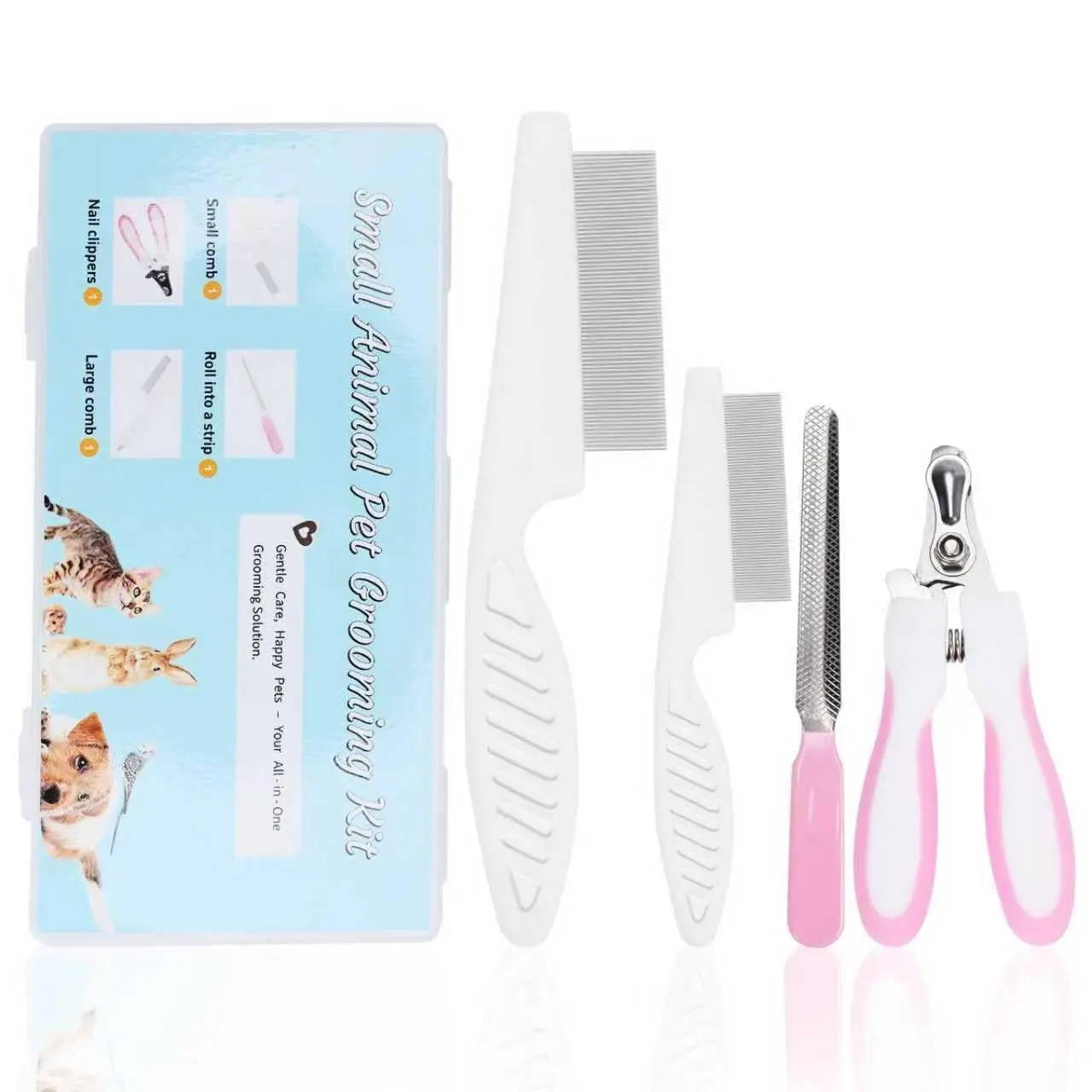 Professional Small Animals Grooming Kit Set - Brush, Comb, Clipper Trimmer, Nail Care Files (Suitable for Guinea Pig, Rabbit)
