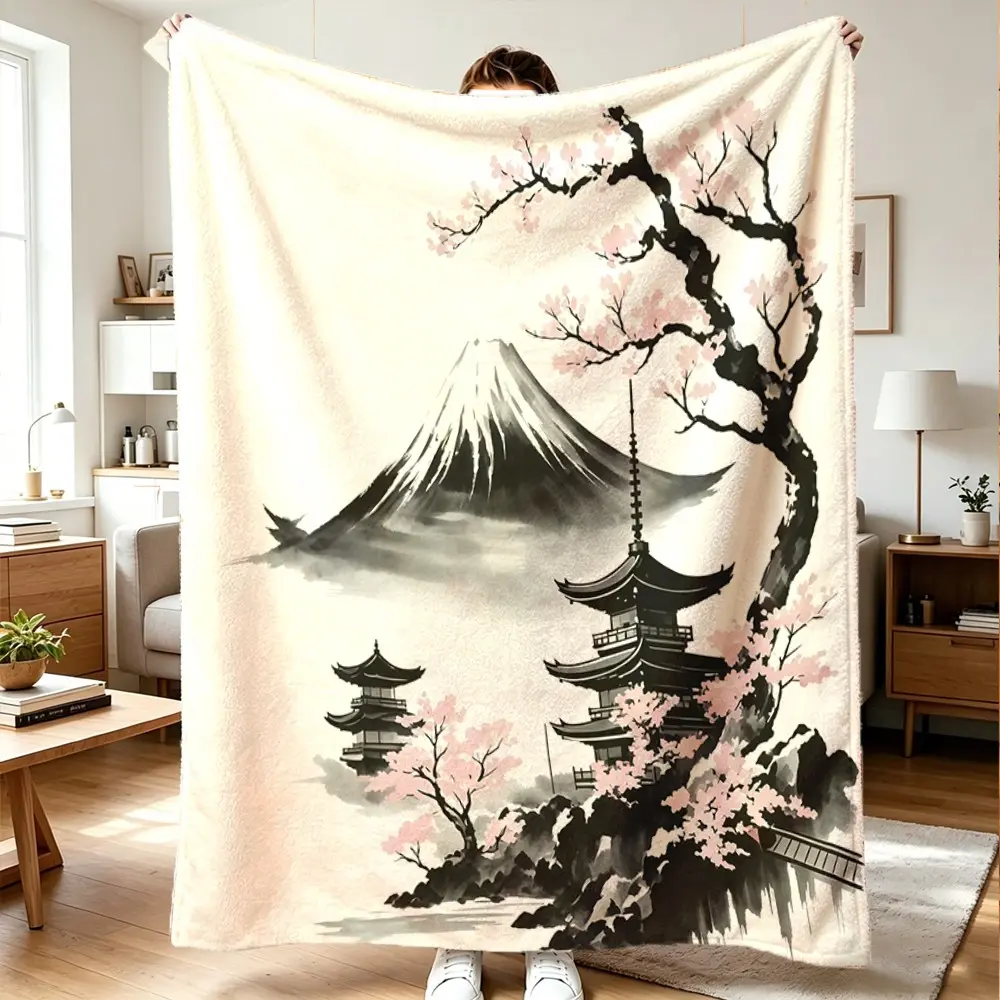 Fuji Mountain Cherry Blossom Japanese Flannel Blanket, 100% Polyester, Lightweight Breathable, Home Tea Room Decor, Camping Throw Blanket