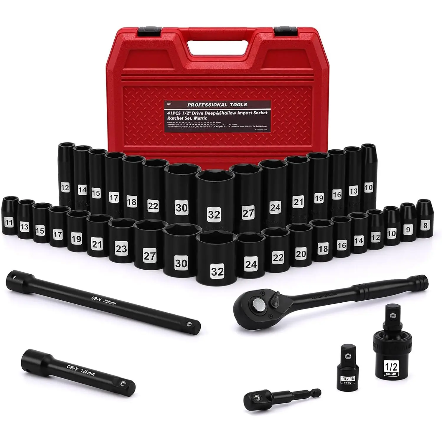 41 count 1/2" Drive  Socket Wrench Set, Deep & Shallow Metric Socket Set 8-32mm, 72  Ratchet Handle, CR-V, Includes Extension Bars,  Joint, Adapters, 6 Point Design