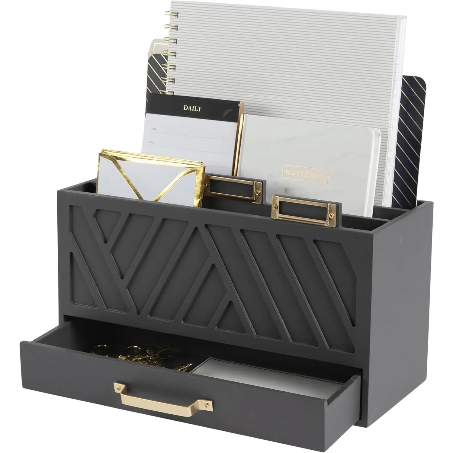 Grey Three-Tier Desktop Mail Organizer with Gold Label Holders & Drawer Stylish Mail Holder Countertop Document Storage for Home or Office