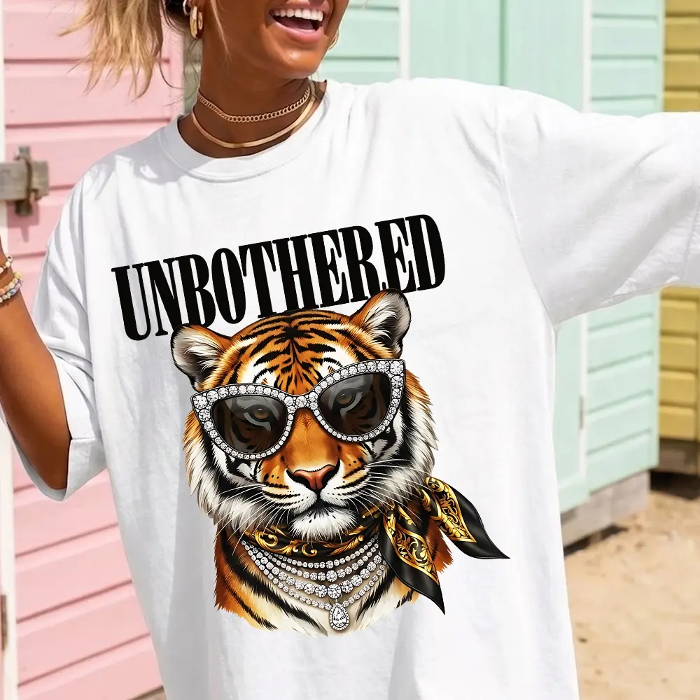"UNBOTHERED" Trendy Tiger Back Graphic Tee | Cool Sunglasses Y2K Aesthetic T-Shirt for Women Men, Oversized Streetwear Casual Short Sleeve Cotton Top