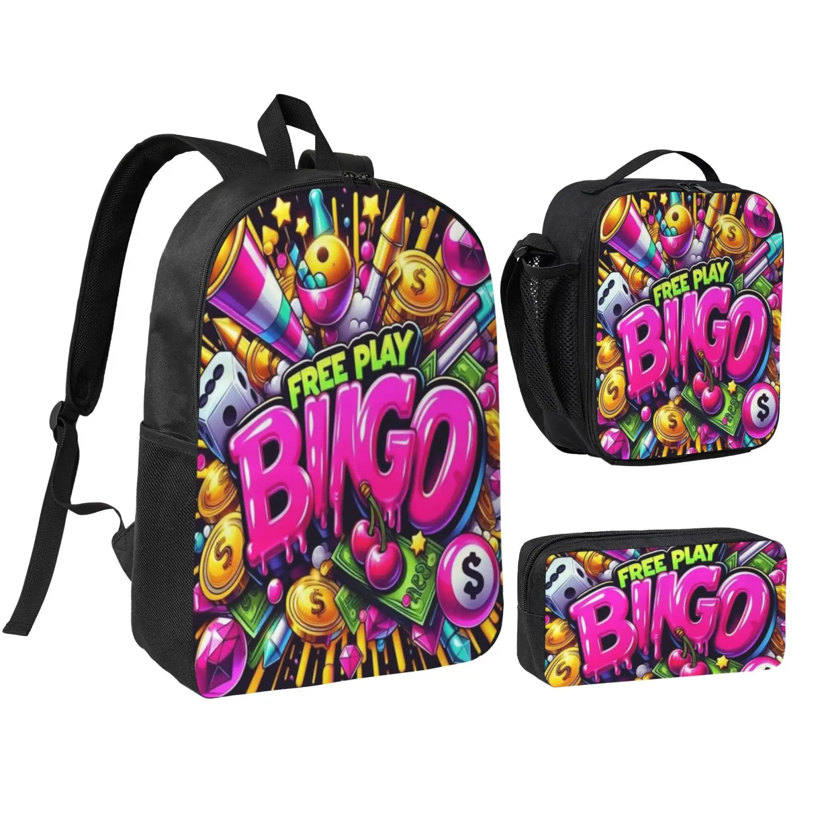 Anime Bingo Game2 backpack with lunch bag pencil box for Teen Girls Boys, 3pcs kids school bag with adjustable straps, office travel bag Bookbag lunchbox