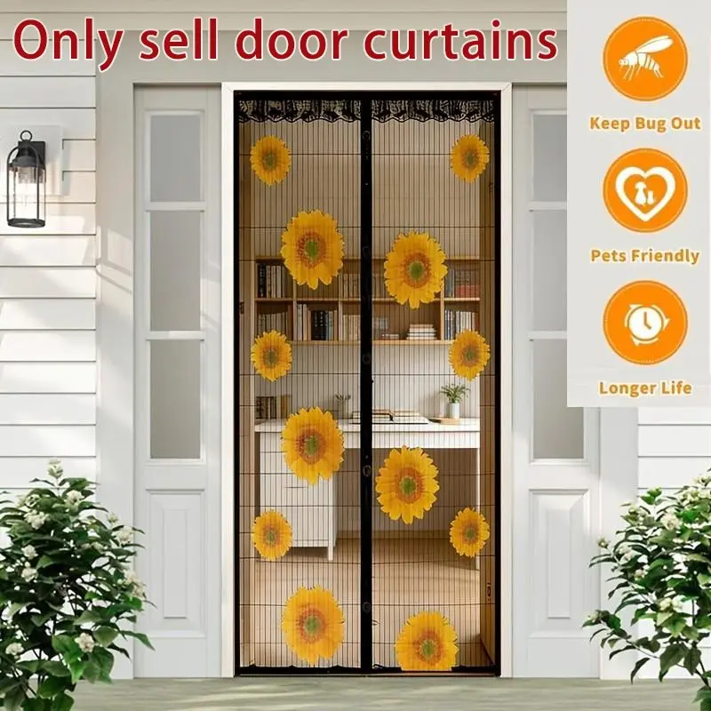 Automatic Closing Magnetic Screen Door, Magnetic Closure Door, Magnetic Doors, Strong Magnet Design, Sunflower Print with Lace Edge, Pet Friendly, Home & Garden Use