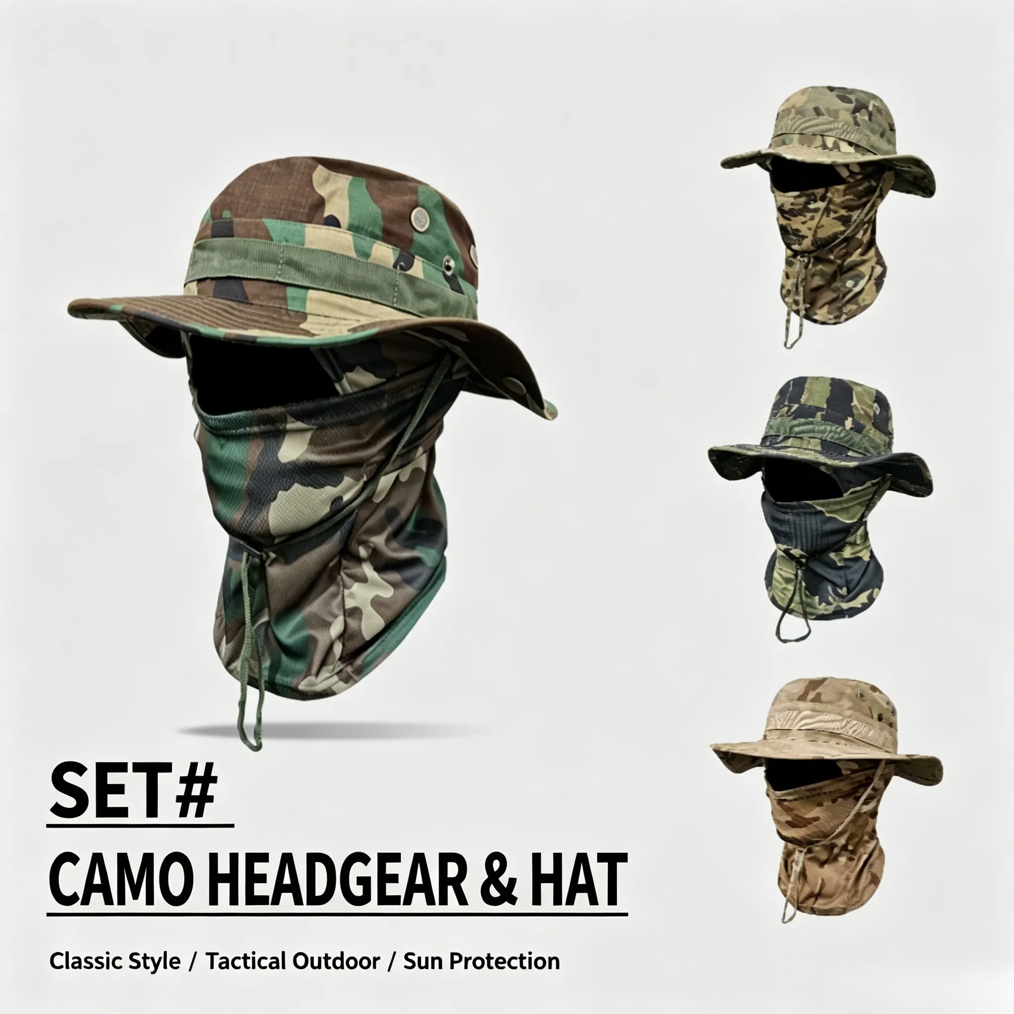 amouflage Round-Brimmed Hat Headgear Set Outdoor Mountaineering Bucket Hat with Drawstring Windproof Benny Hat for Travel Fishing Men's & Women's Models Classic Style Tactical Sun Protection Breathable