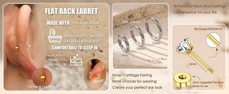 LOLIAS 21Pairs Surgical Steel Flat Back Stud Earrings Hypoallergenic 20G Screw Back Nap Stack Cartilage Earring Stacks