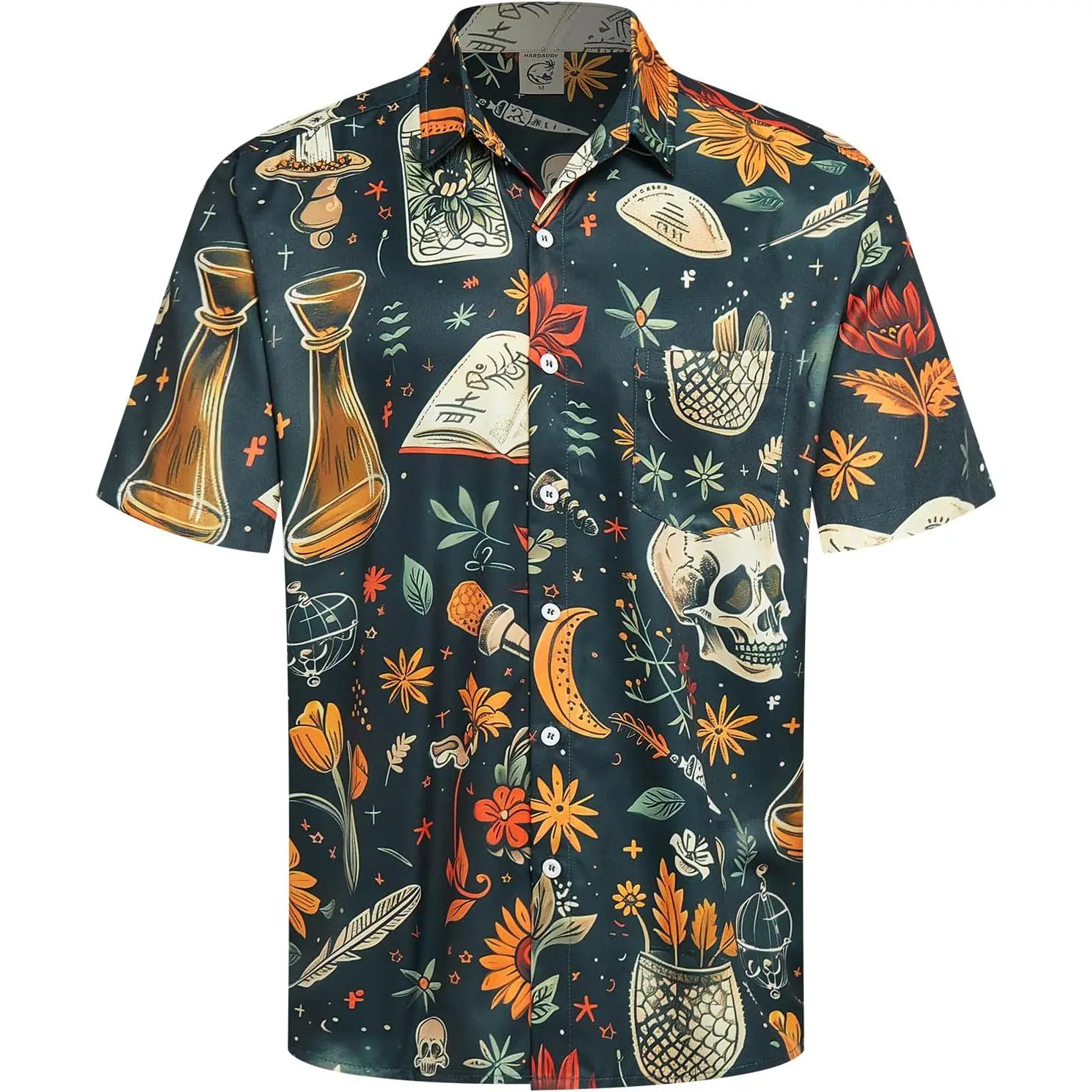Retro Gothic Halloween Skeleton Crow Spider Printed Short Sleeve Button Shirt Retro Horror Printed Hawaiian Shirt Party Top