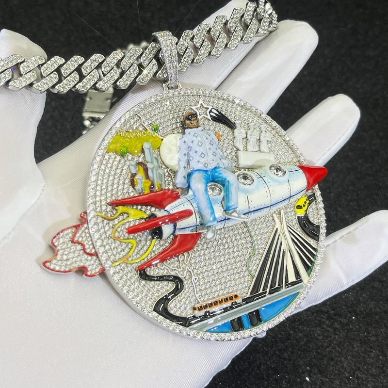 Huge Iced Out 3D Rocket Man Enamel Medallion Pendant, Colorful Cityscape Hip Hop Statement Jewelry, 925 Silver Tone with 4mm Rope Chain