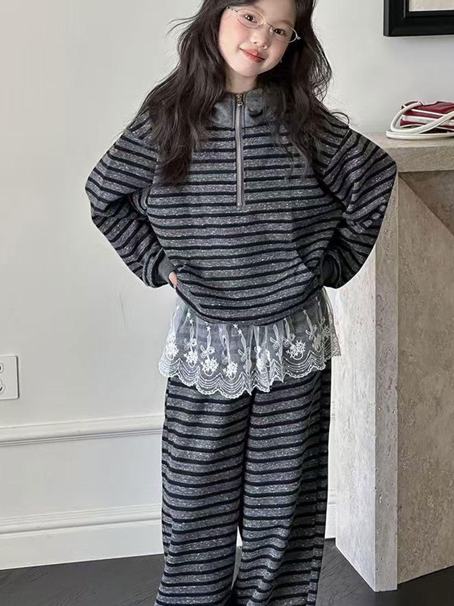 2025 Spring & Autumn New Girls' Striped 2pcs Set (Girls Clothes 10 to 12) - Hooded Half-Zip Sweatshirt with Lace Panels & Casual Wide-Leg Pants, for Outdoor
