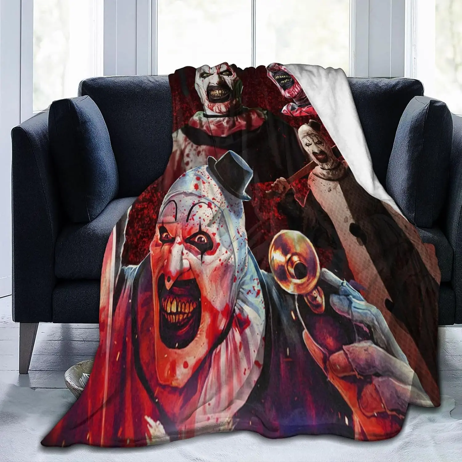 Terrifier Art The Clown Multi-Size Bloody Collage Dark Horror Background Flannel Blanket, Slasher Movie Villain Print, Soft Warm Throw Decor Gift for Horror Fans