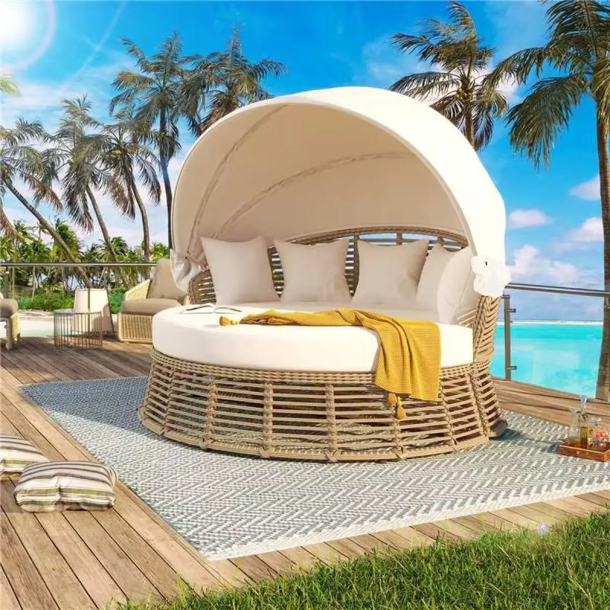 Aobtkel N704G201243A Outdoor Round Rattan Daybed - Retractable Canopy, All-Weather PE Rattan Wicker, Modern Lines, Removable Cushions for Patio, Backyard (Beige), Round Daybed