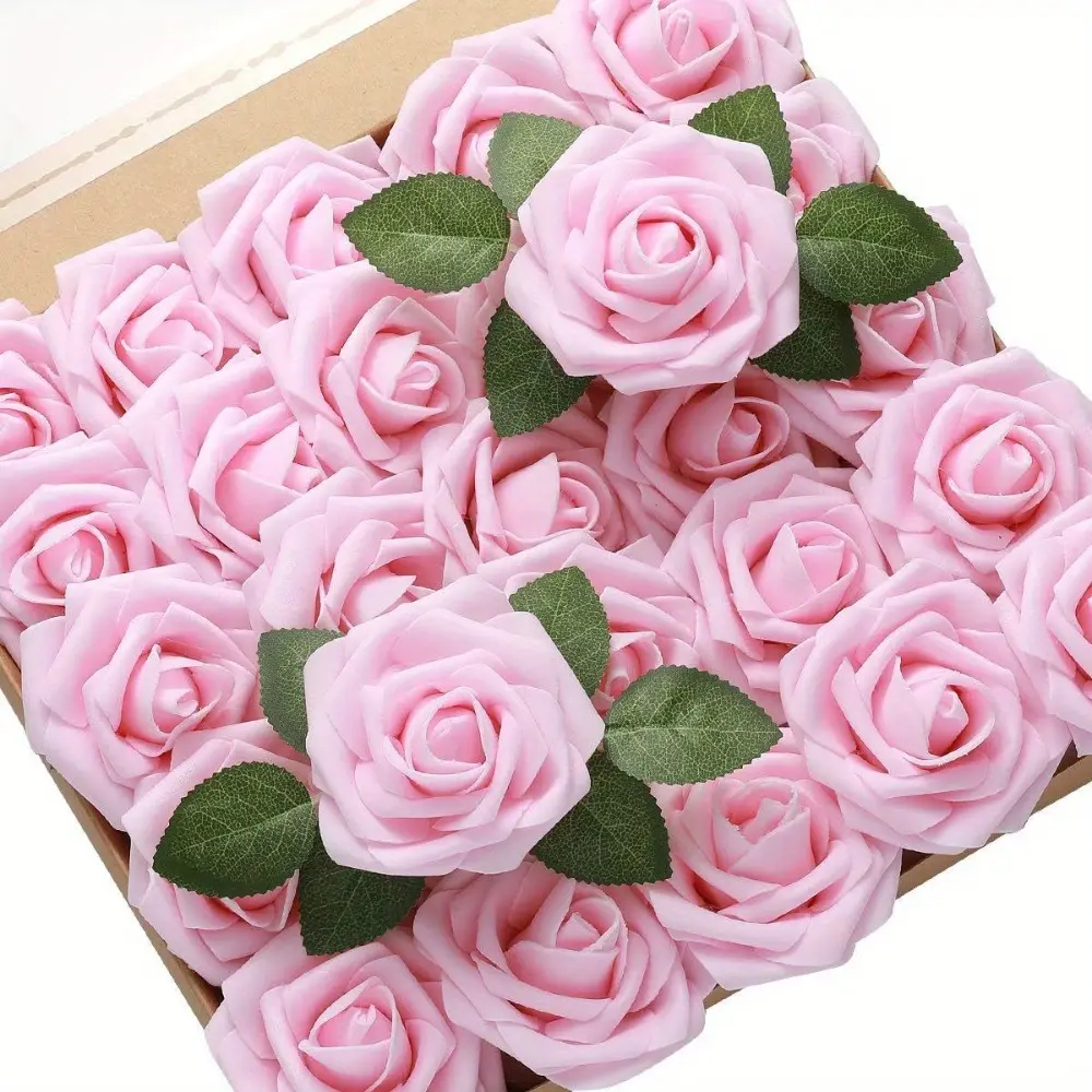 50pcs Light Pink Artificial Flower Foam Rose Real Looking Fake Rose with Stems Leaves for Home Decoration Party Garden Centerpieces DIY Wedding Bouquets Floral Arrangement Baby Shower Decor