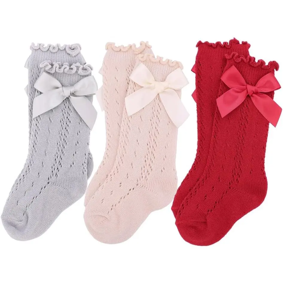 Baby Girls Ruffle Socks with Bows Infant Toddler Kids Long Stockings Mesh Knee High Socks