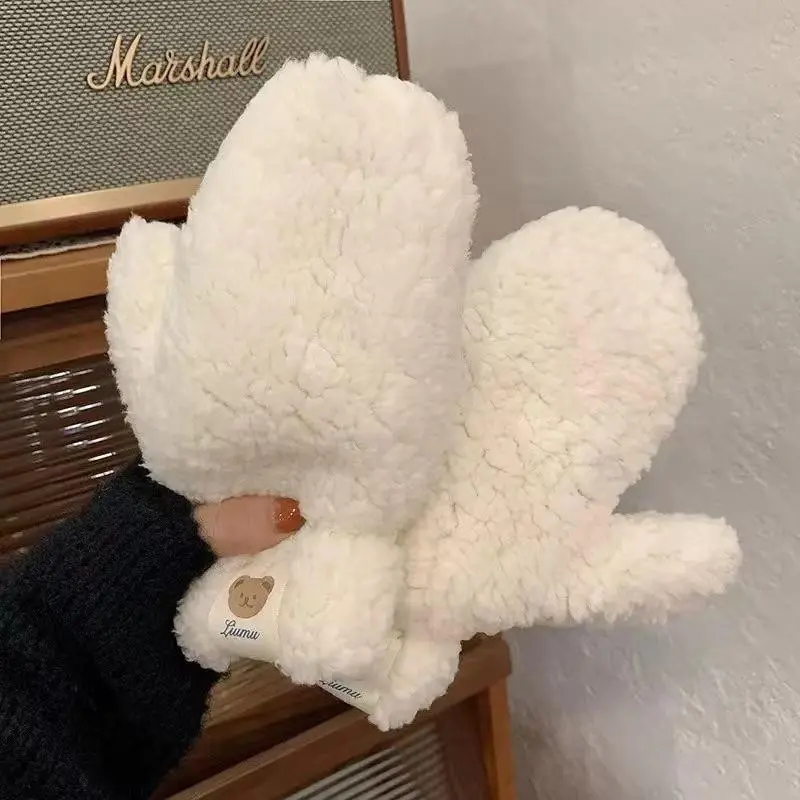 Winter Lamb Wool Bear Gloves for Women, Cute Thickened Warm Riding Gloves, Christmas Gift, Cozy and Frost-Resistant