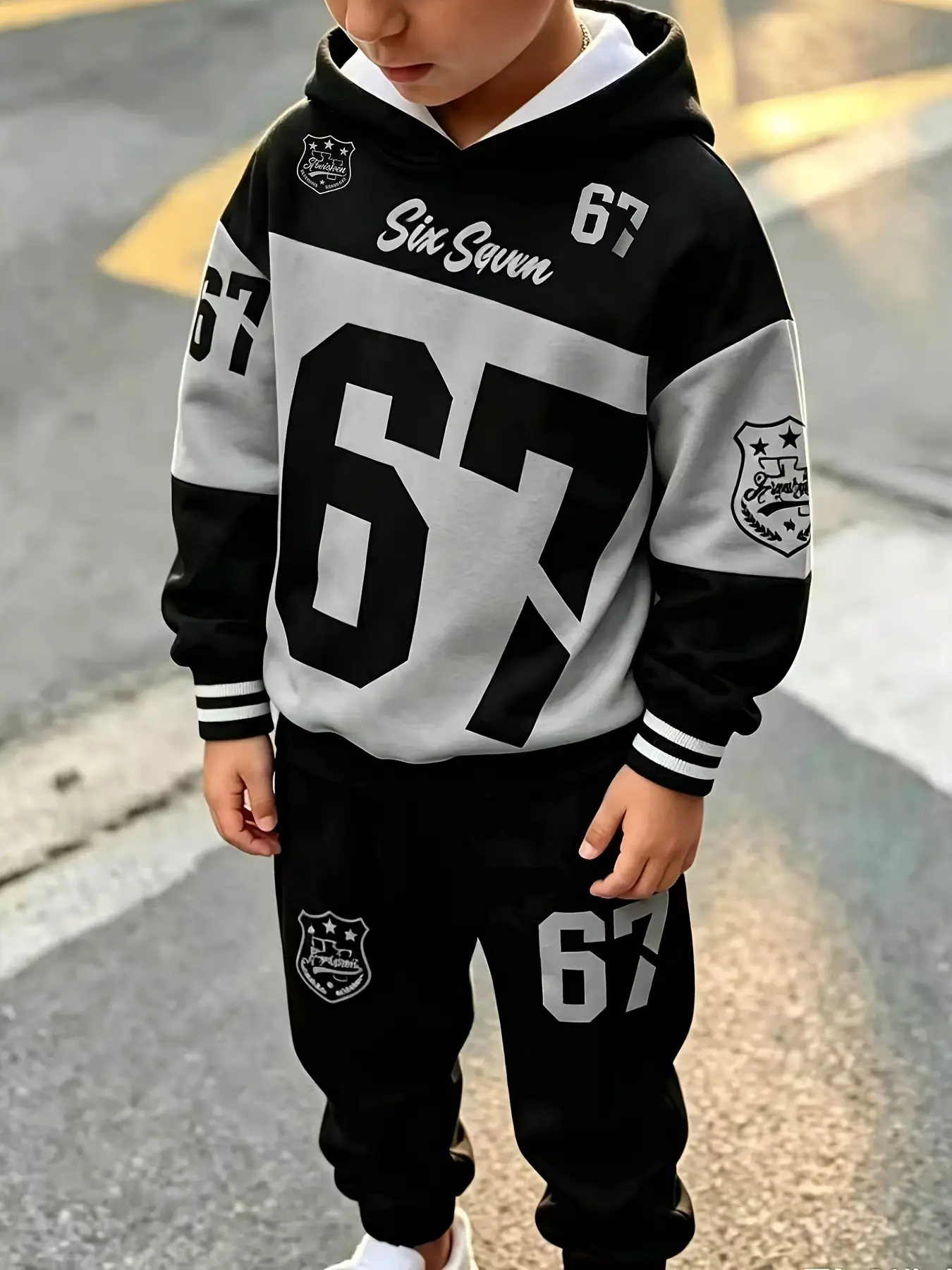 Fashion Set, Autumn Winter Hooded Sweatshirt and Sports Pants, Digital Print Boys' Casual Two-Piece, Loose Fit Set