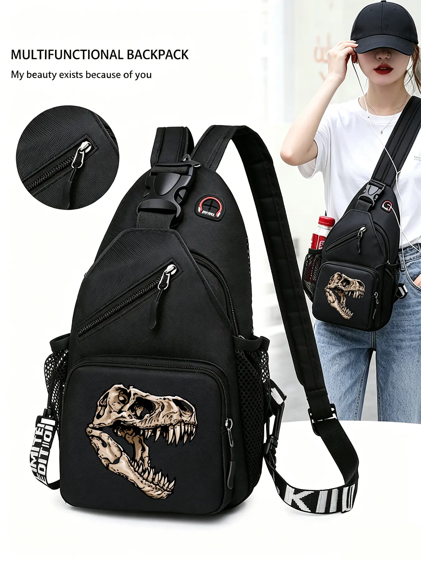 Dinosaur Skull Patterned Convertible Crossbody Bag/backpack, Multi-functional Chest Bag, Casual Commuter Bag with Convertible Zippered Shoulder Strap, Multiple Pockets, Suitable for Travel, Sports, and Daily Commuting