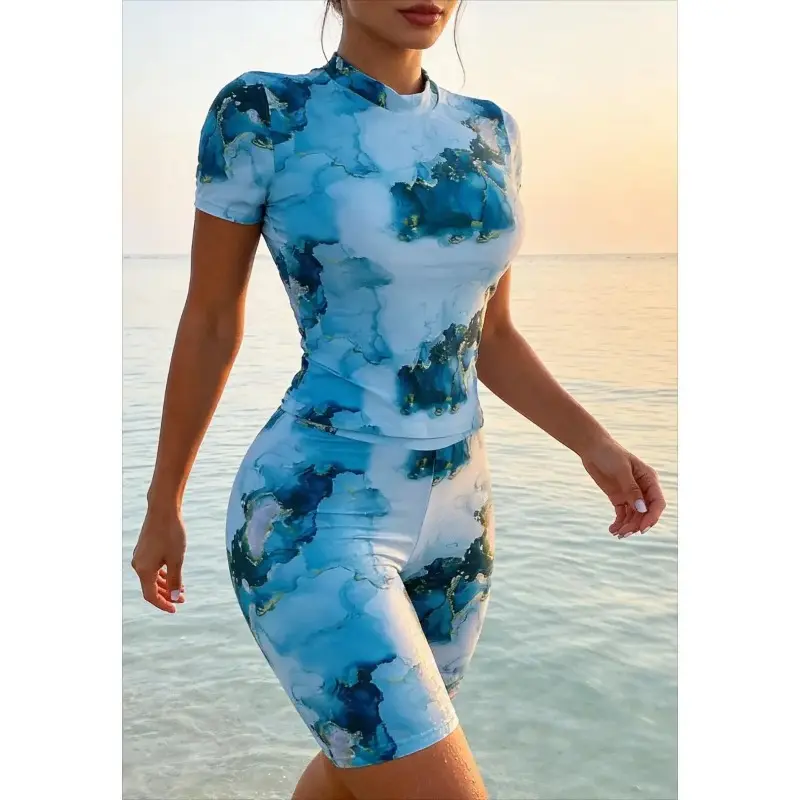 Women's Marble Print Rash Guard, Short Sleeve Relaxed Fit Swim Top with UPF 50+ Sun Protection, Quick-Dry Stretch Beachwear, Rash Guard Swimsuit, Rash Guard Swimsuits, Swimsuit Women