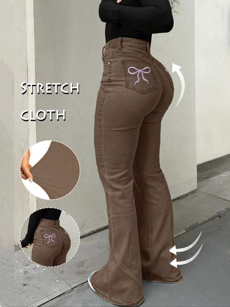 GILIPUR Y2K Women's Casual Denim Flared Pants Back Pocket Embroidered Bow Mother Stretchy Jeans Comfortable And Fashionable Women's Pants For All Seasons Stretchy Jeans Flared Pants Starched Stretchy Jeans Girls Stretch Stretchy Jeans