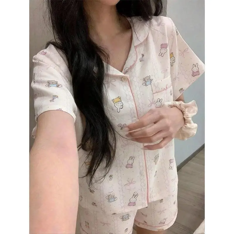 Miffy Cute 3-Piece Short Sleeve Pajama Set Sweet Bunny Summer Loungewear Breathable & Sweat-Absorbent Loose Fit Soft Homewear