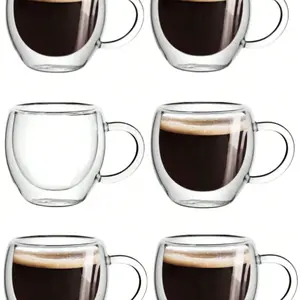 1-2-6 pcs double-walled espresso mugs with handles, glass mugs. 2.8 oz clear espresso coffee cups, insulated, heatproof, reusable. Suitable for tea, milk, latte, espresso. Unique birthday and Christmas gift. espresso cups set Drinkware