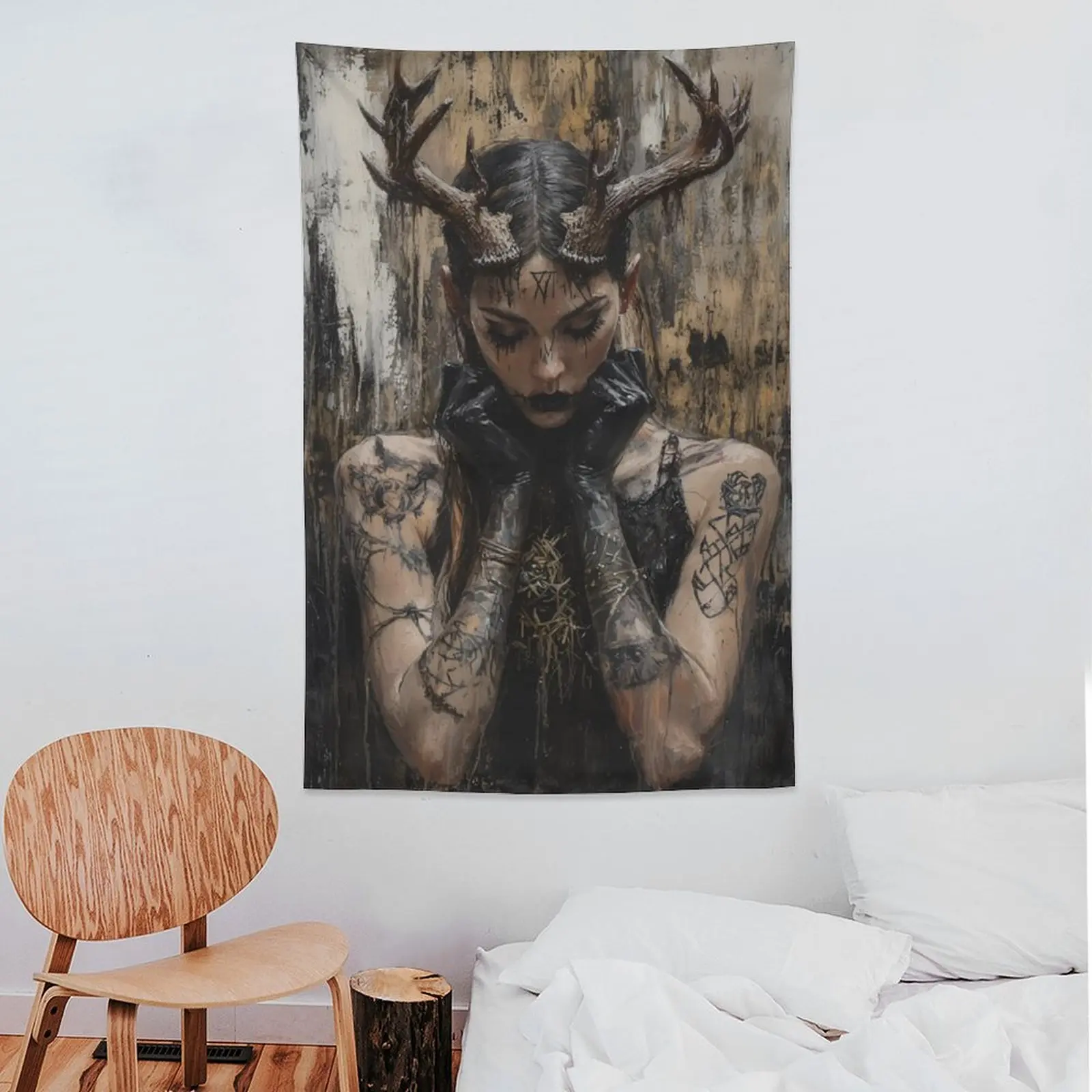 Gothic Antler Witch Girl Tapestry, Dark Pagan Rune Tattoo Design, Forest Goddess Wall Hanging Room Decor, Gift for Goth Bestie, 60x40 Inches Wall Art Tapestry