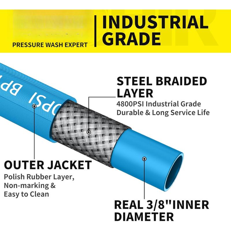 Washer Hose 50FT 3/8" for Cold & Hot Water (Up to 248?) 4800 PSI Kink Resistant Industrial Grade Steel Wire Braided QC Ends with 2 M22-14mm to 3/8" Adapters for Professional and Home