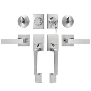 VEVOR Double Door Handle Set, Double Door Lock Set with Reversible Handle Lever, Satin Nickel Square Door Lever, Heavy Duty Double Front Door Handle Set with Dummy, for Front Door or Office Door