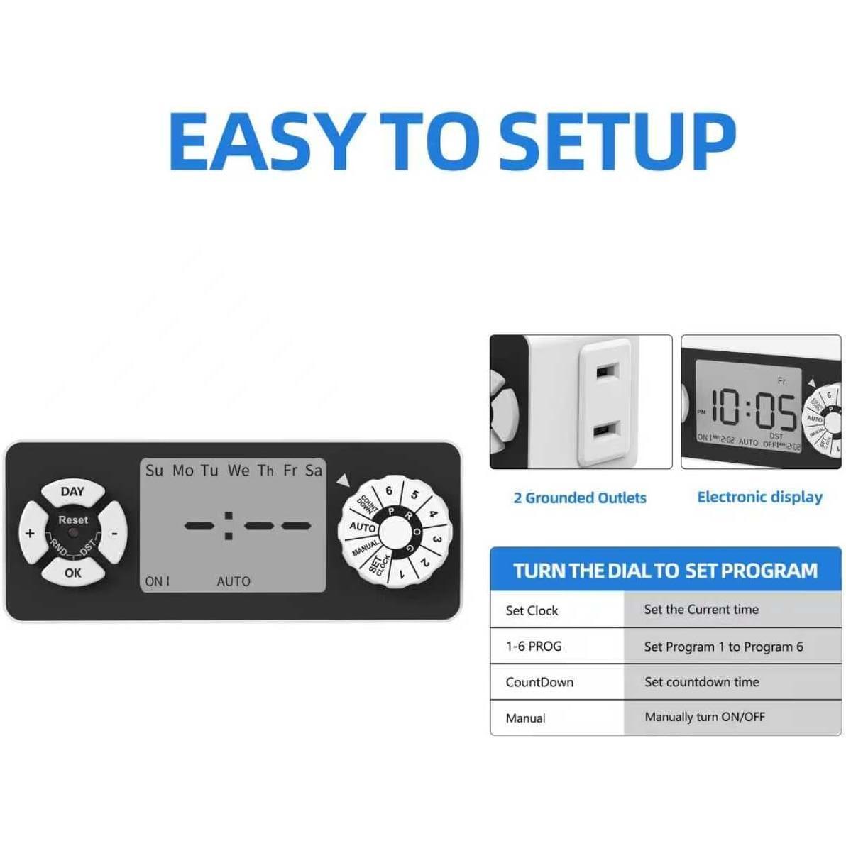 Digital Timer Outlet, Dial Programmable Method, Indoor Plug in Light Timer, 2 Polarized Electrical Outlets for Lamps, 6 Sets of Programs, 15A/1875W