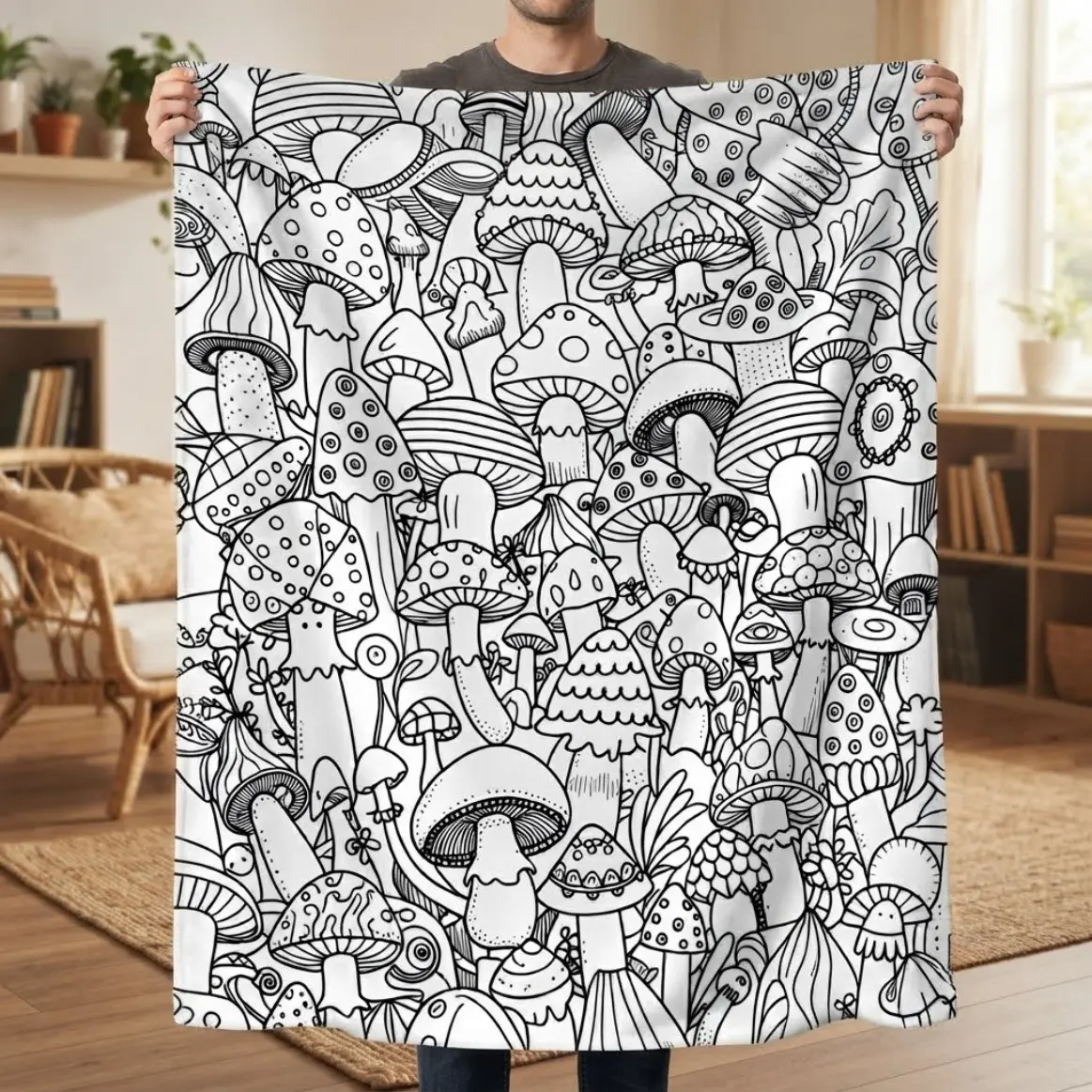 Graffiti Mushroom Coloring Throw Blanket, Soft Cozy Flannel Blanket for Adults Kids, Creative Mushroom Line Art Fleece Throw for Sofa Bed, Versatile Home Decor Gift, Relaxing Coloring Style Bedding Blanket