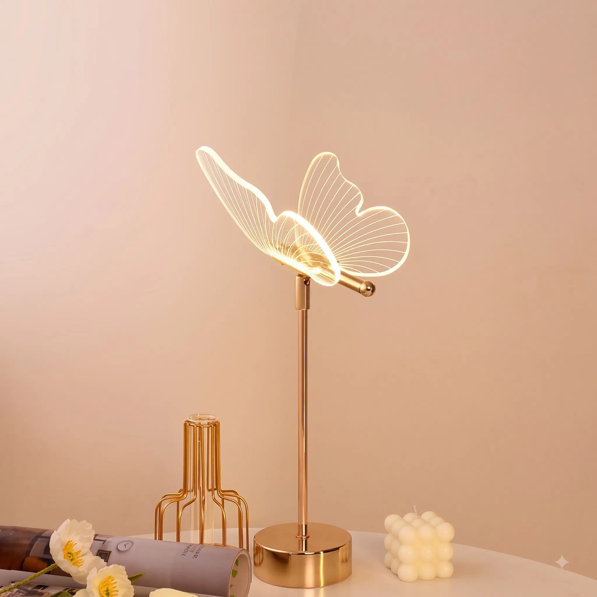 Acrylic Butterfly Table Lamp for Bedroom Nightstand, Elegant Brass Finish, Retro Style, Aesthetic Room Decor, Gift for Women
