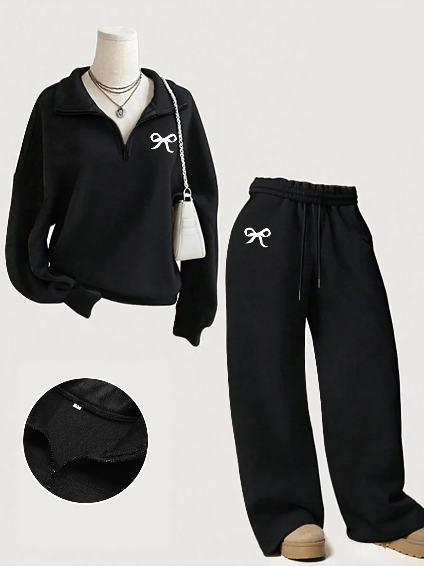Women's Fall Winter Casual Set, Stand Collar Zipper Sweatshirt + Loose Fit Long Pants, Comfortable Leisure Wear Outfit, Perfect Layering Choice
