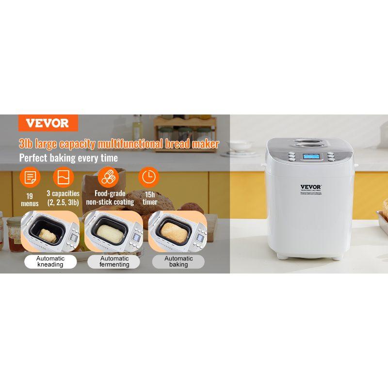 VEVOR Bread Maker, 15-in-1 3LB Dough Machine, Nonstick Ceramic Pan Automatic Breadmaker with Gluten Free Setting, Whole Wheat Bread Making, Digital, Programmable, 3 Loaf Sizes, 3 Crust Colors, White