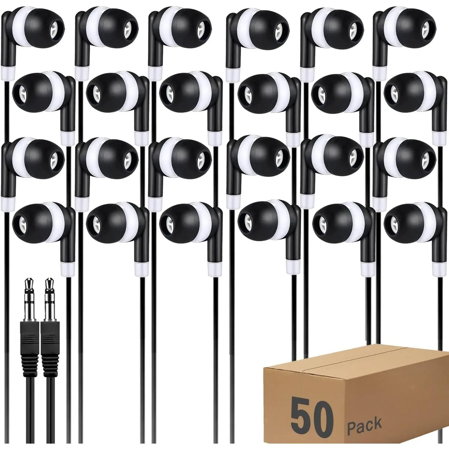 Bulk Earbud Headphones 50 Pack for School Classroom , Wholeslae Wired Durable Earphones Class Set for Students   Teens Boys Girls and Adult (Black, 50 count)