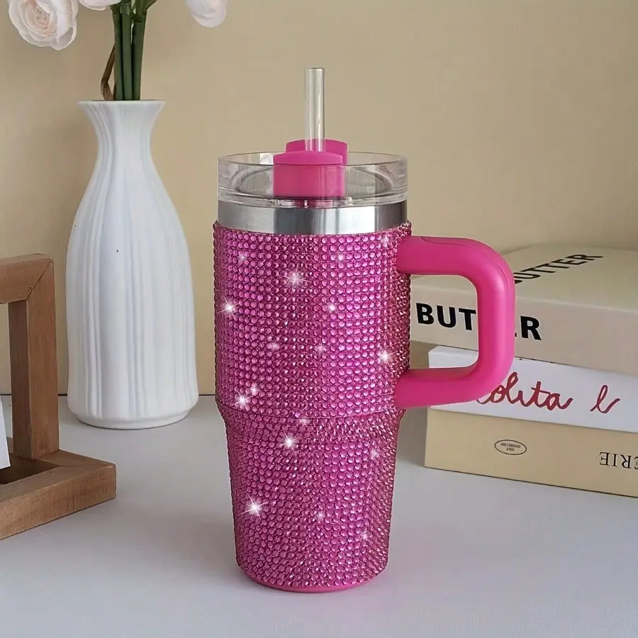1pc 14oz Stainless Steel Tumbler Flask - Double-Wall Insulated Travel Mug with Handle, Straw, Spill-Proof Lid - Rhinestone Accents - Keeps Drinks Hot/Cold For Hours - Ideal For Car, Office - Perfect Christmas, Birthday Gift