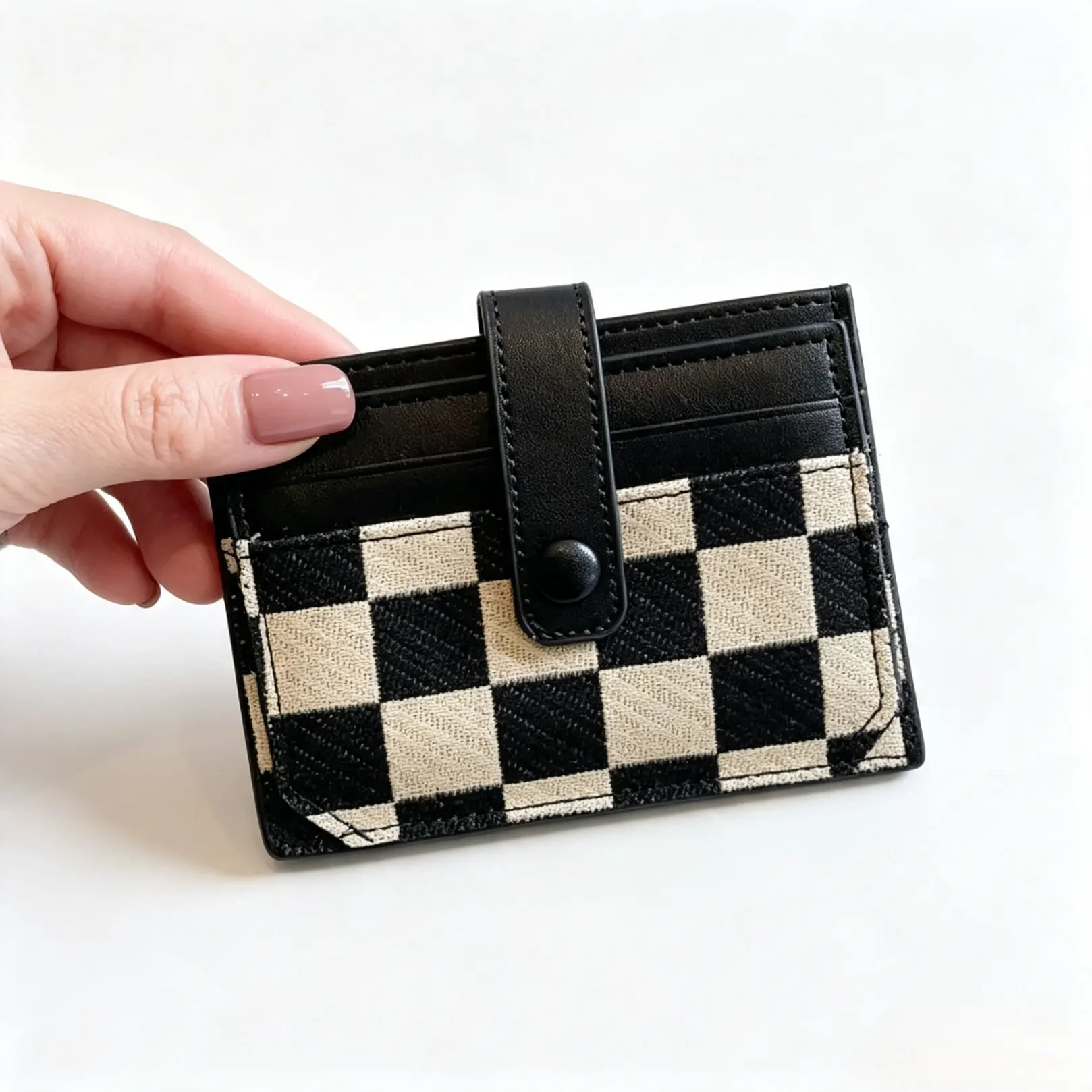 Women's Color‑Block Plaid Trifold Card Holder, Pu Leather Zipper Short Wallet, Compact Decorative Accessory For Storing Credit Cards, Ideal For Daily Commute And Casual Outdoor Use