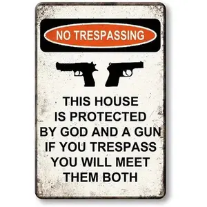 【20*30cm/8*12inch】Gun Logo Novelty Metal Aluminum Logo Forbidden Trespassing This Property Subject to God and Gun Logo Garden Yard Home Decoration Farmhouse Art Wall Logo Plaque Size: 8 x 12 inch Hanging Signs Print Stickers