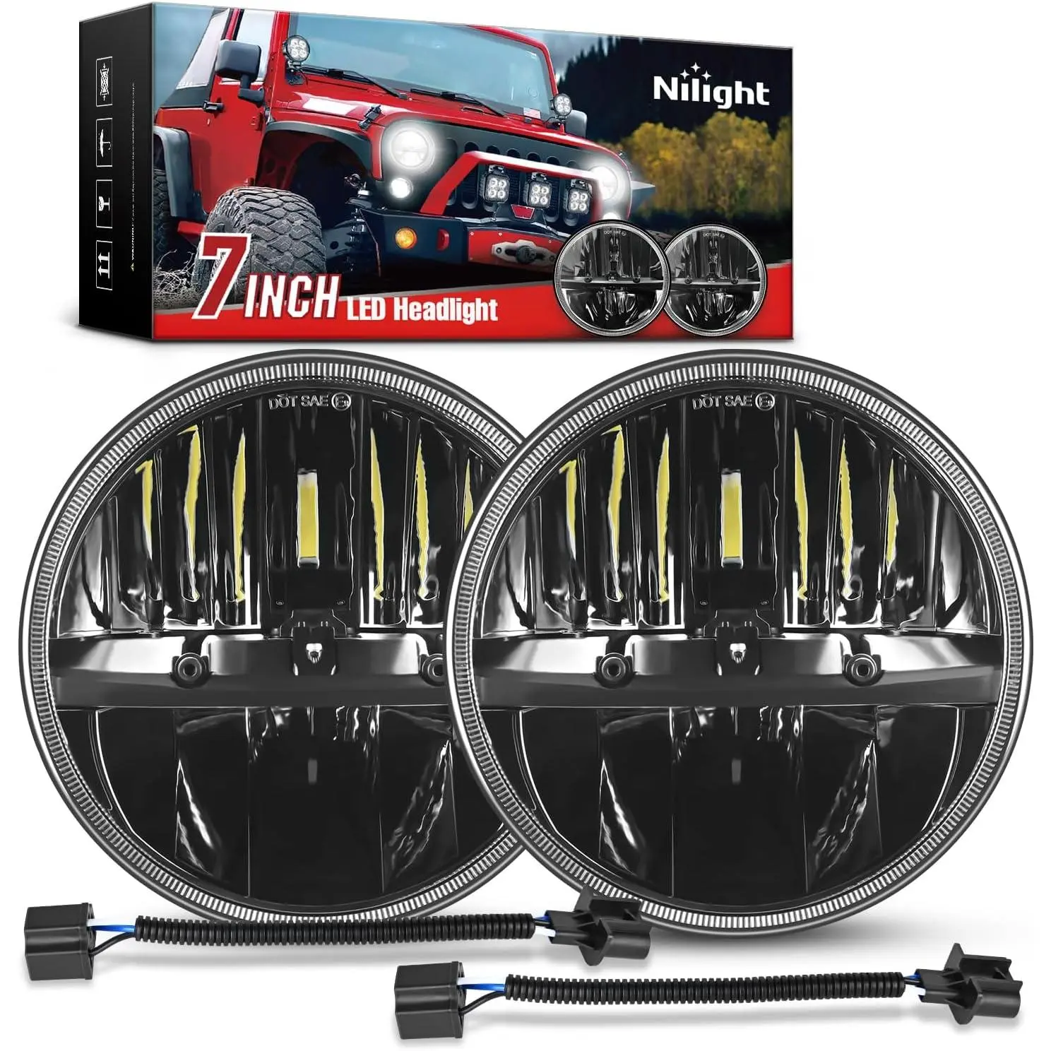 Nilight 2PCS 7-Inch LED Headlights with High-Low Beam, Round Lamp Shade for 1997-2006 Wrangler TJ 2-Door, 2007-2017 JK JKU Automotive Headlamps
