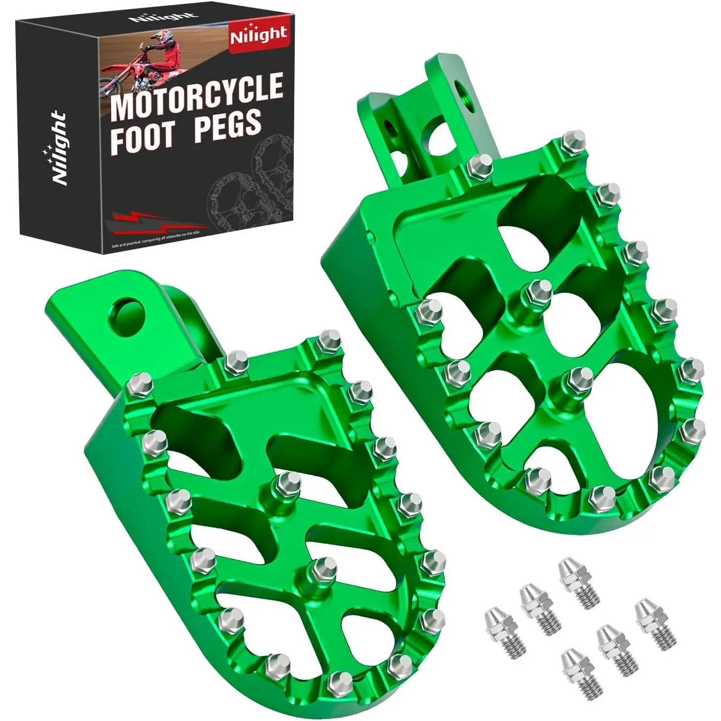 Nilight Motorcycle Foot Pegs Dirt Bike Footpegs Fit for Kawasaki KLX110 2002-2023 KLX110L 2010-2023 KX60 1998-2003 CNC Foot Pegs for Motorcycles Heavy Duty Aluminum Alloy Foot Rests, Green