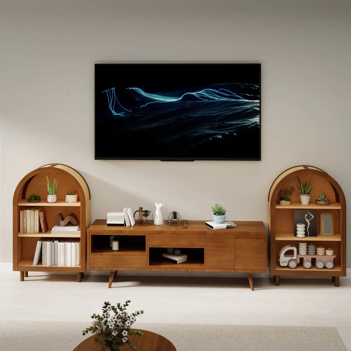 Arched Small Bookcase, Arched Storage Cabinet, Walnut Wooden Modern Arched Top Bookshelf with 3 Shelves,  with Glaze Finish for Living Room, Bedroom, Entryway