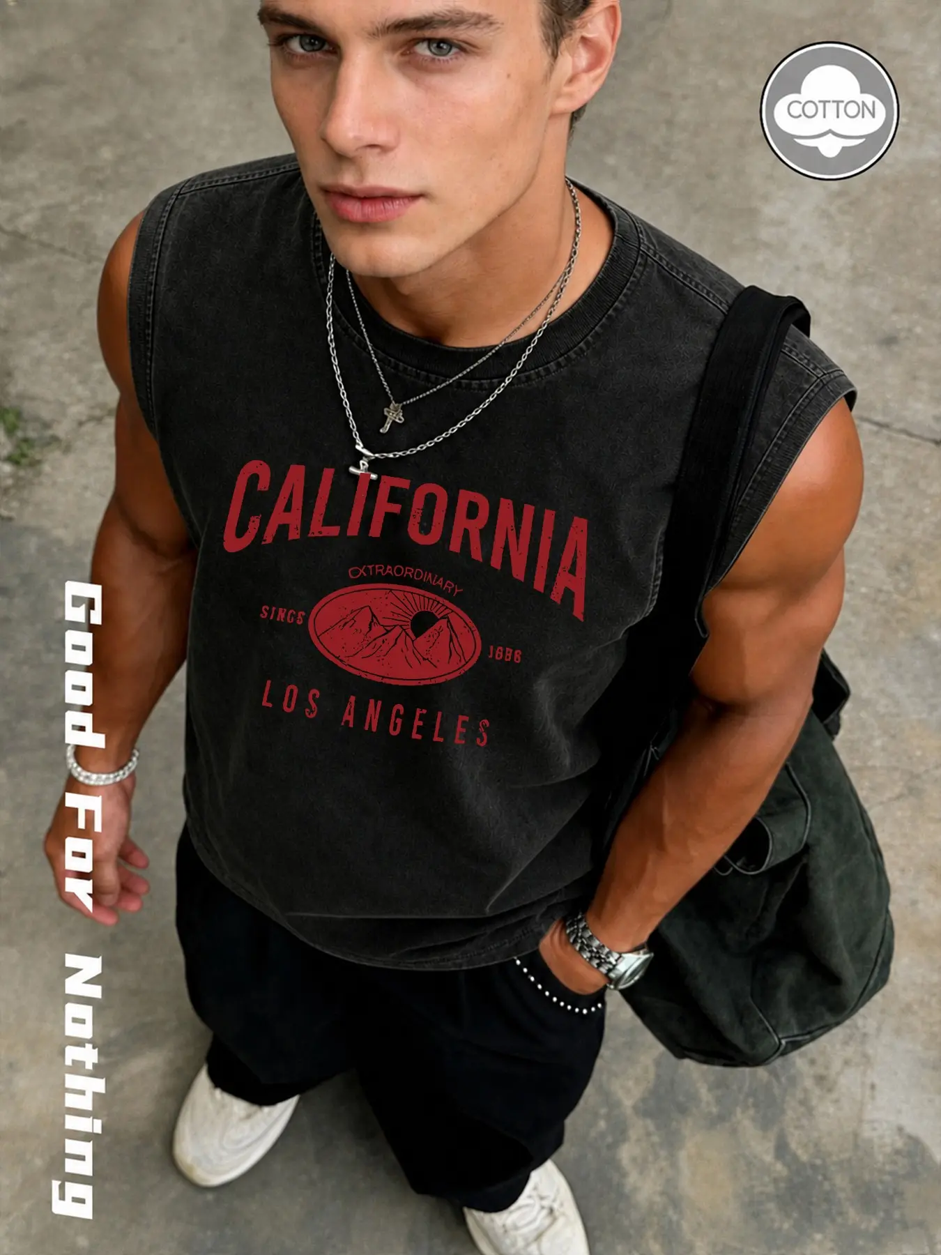 Men's Vintage Washed Sleeveless Vest, Streetwear Tank Vest, California Sunset Print, Loose Fit, 100% Cotton, Casual Street Style, Ideal for Daily Wear & Fitness