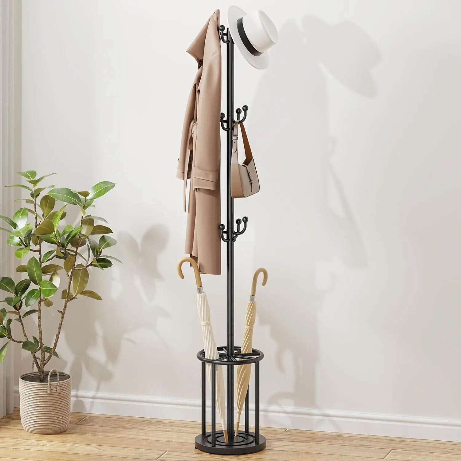 Coat Rack Freestanding, Hat Rack Hall Tree Coat Hanger Umbrella Stand for Entryway, Black Coat Rack with Umbrella Holder, Tree Stand Corner Hall Tree Rack for Hat, Umbrella, Purse, Bag, Clothes