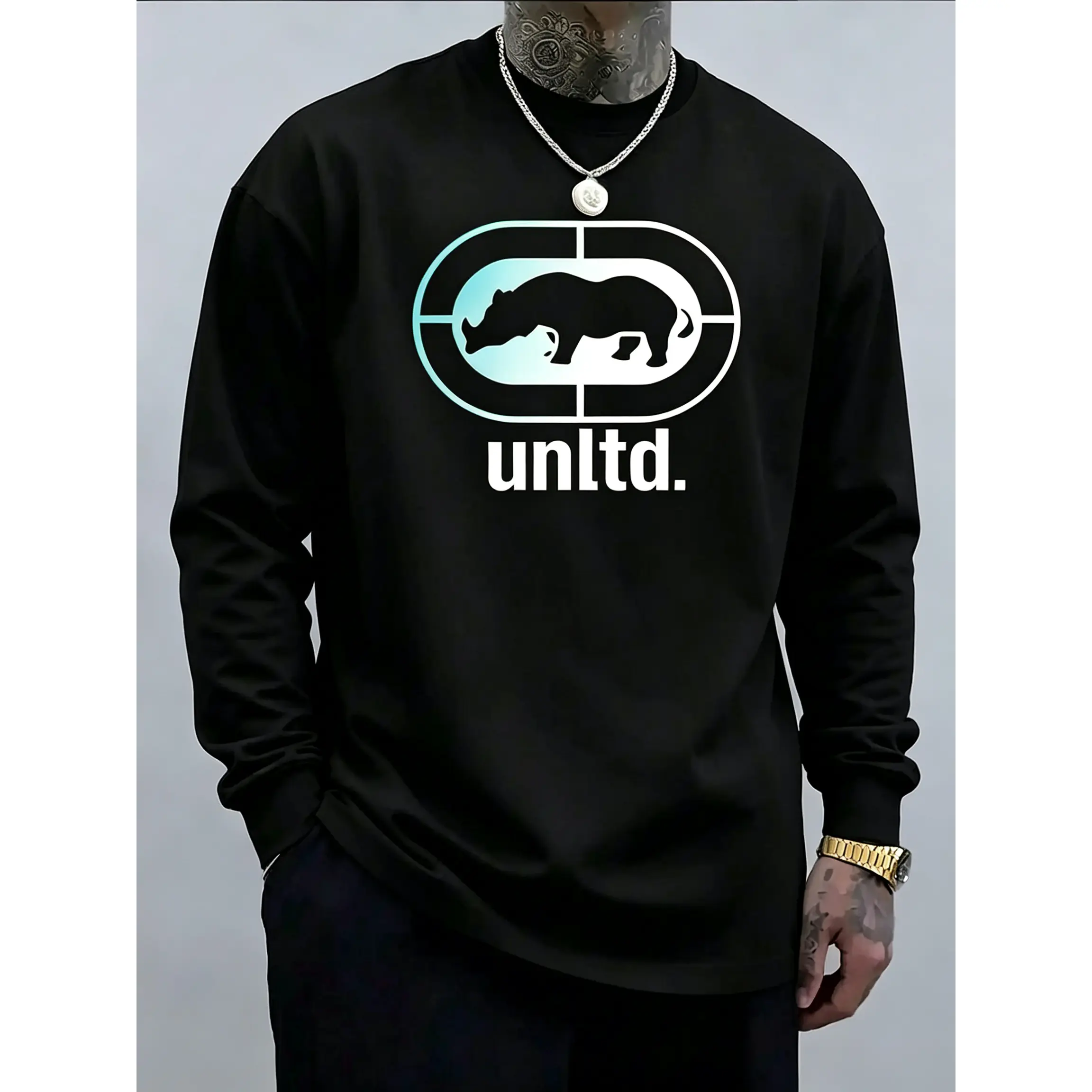Ecko Unltd Gradient Rhino Logo Graphic Long Sleeve T-Shirt Men’s Black Cotton Vintage Hip Hop Streetwear Long Sleeve Tee