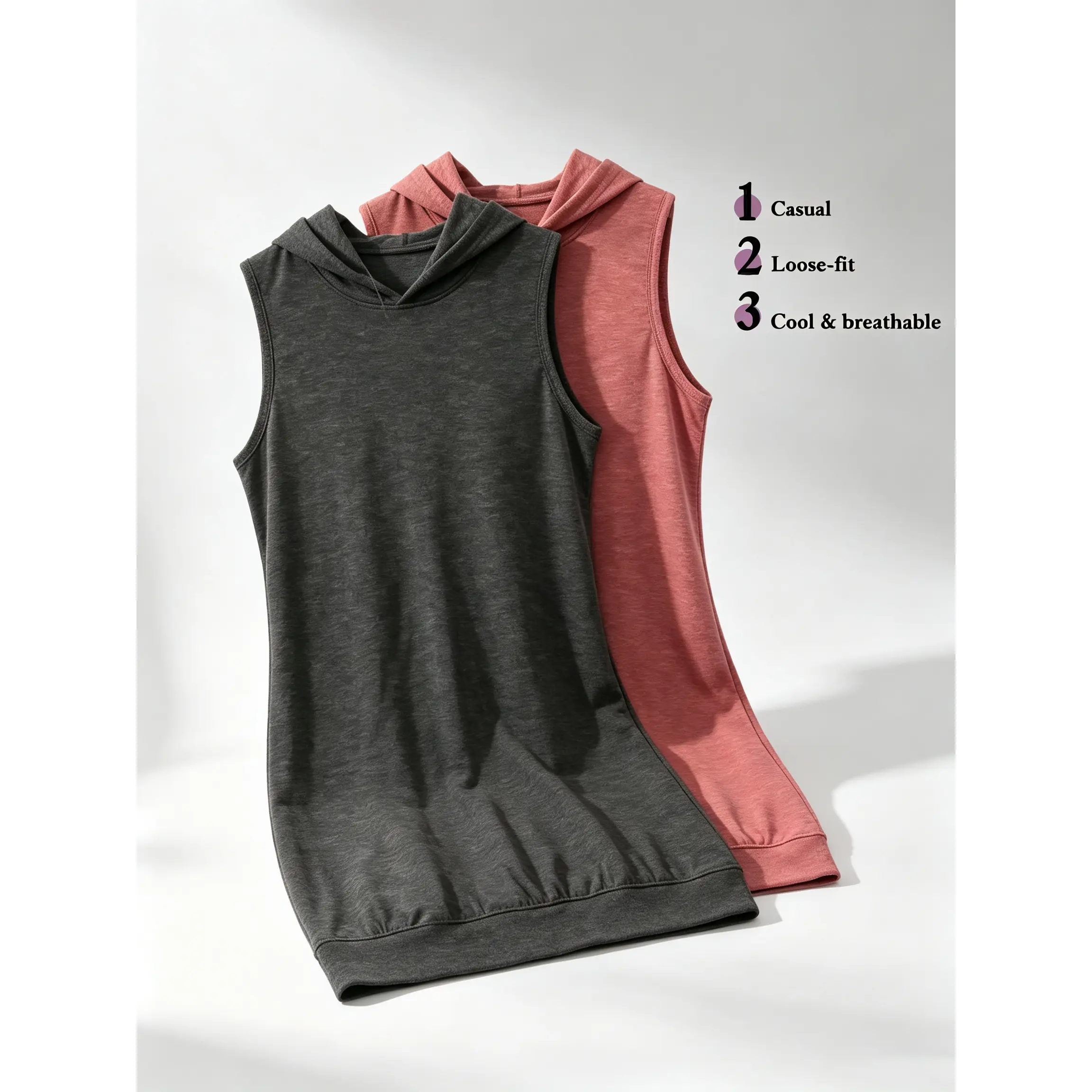 ECHOSTUDIAO Loose Fit Hooded Dress Women Sleeveless Casual Breathable Short Dress Trendy Solid Heather Grey Pink Loungewear Hooded Tank Dress Pack Comfort