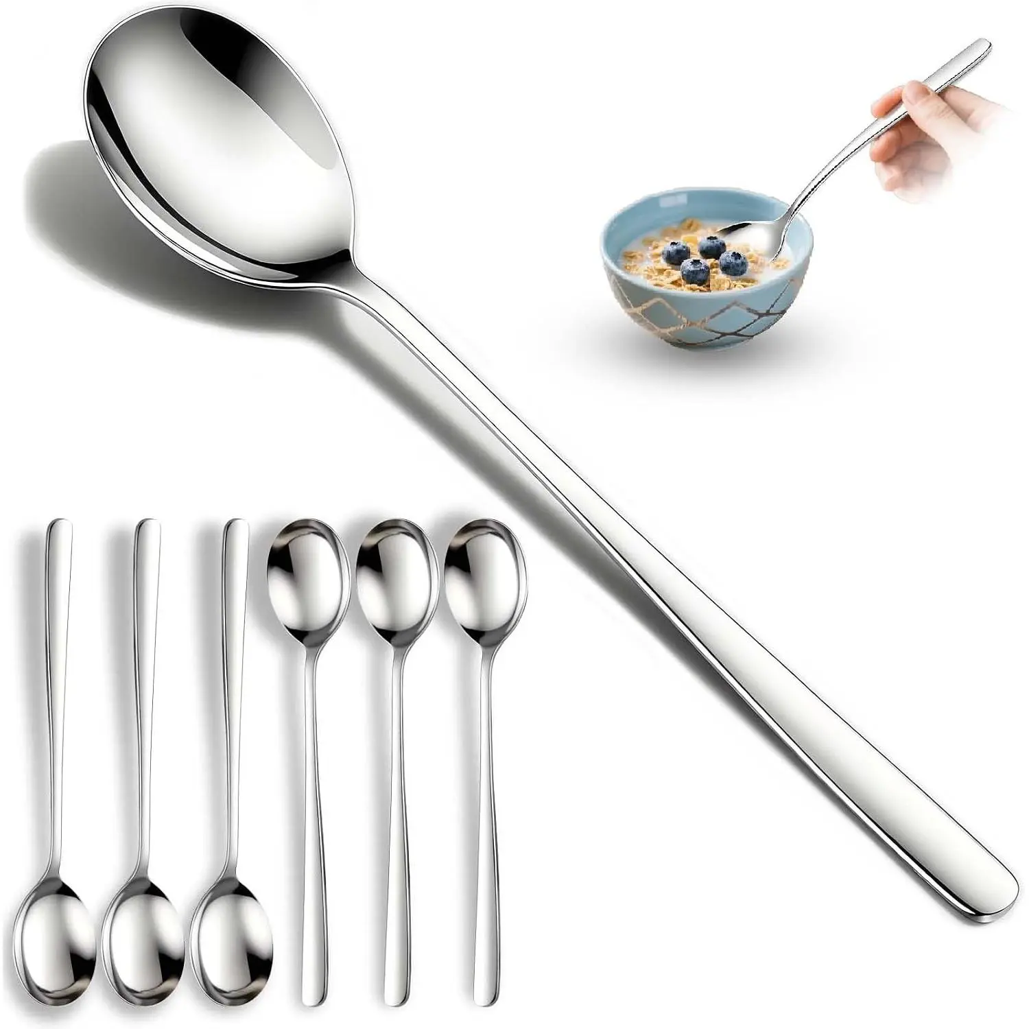 6-Piece 18/10 Stainless Steel Soup Spoons Set, 8-Inch Long Handle Korean Premium Cutlery with Mirror Finish, Dishwasher Safe for Rice, Asian Meals & Tea