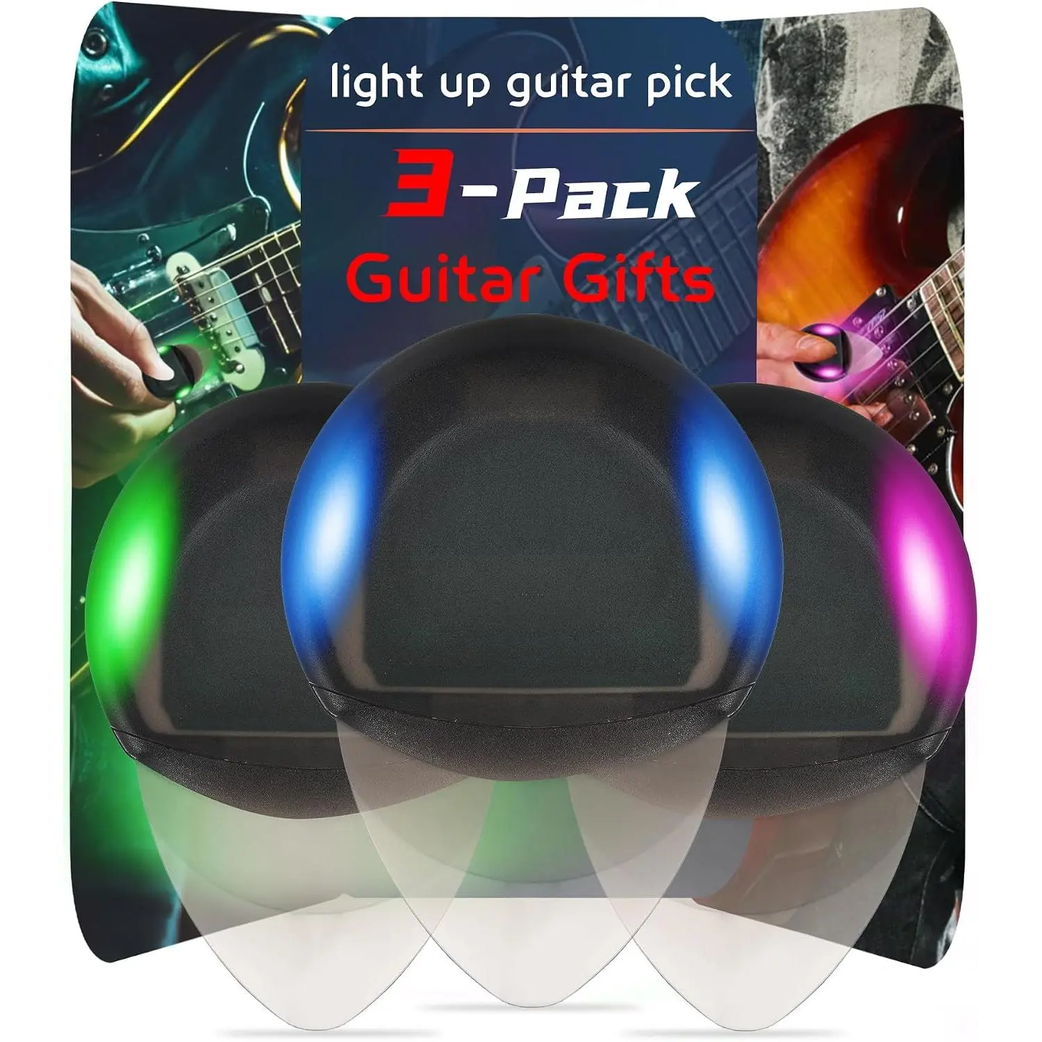 LED Light Up Guitar Picks 3 Pack, Glowing Guitar Picks with Replaceable Button  & Metal Case,  Guitar  for Electric Acoustic Bass Players ( Colors)