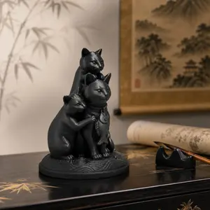 Three Cat Stack Statue Home Decor, Lucky Cat Fish Tag Design, Perfect for Living Room, Office, Bedroom, Gift Idea