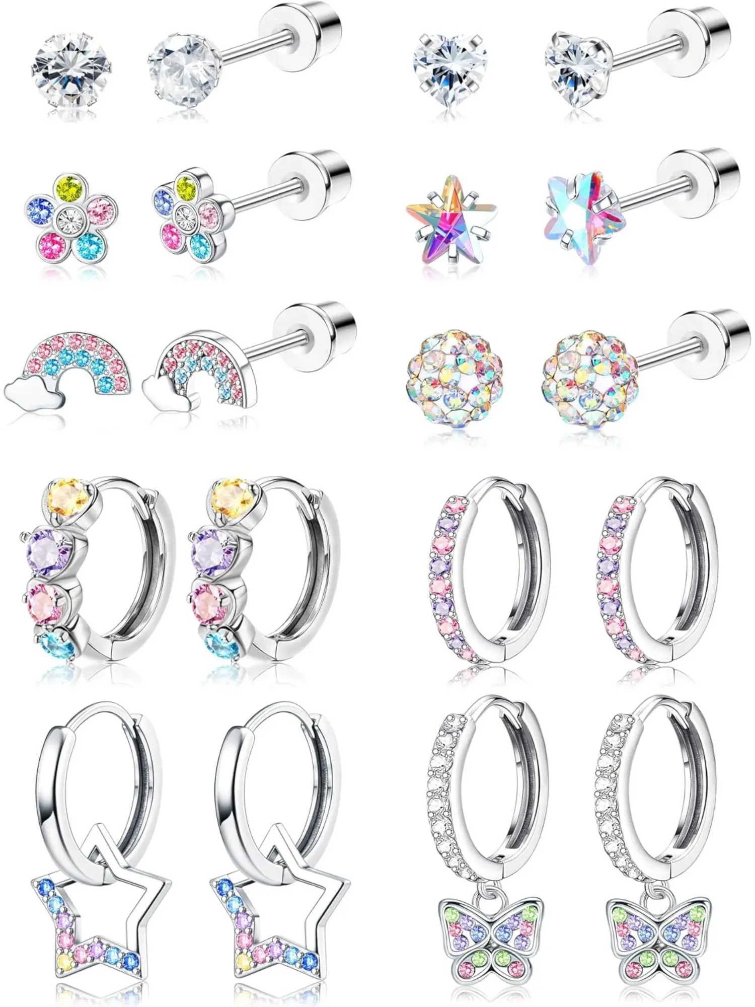 10 Pairs 20G Hypoallergenic Surgical Steel Screw Back Earring Set for Girls & Women, Tiny Cute Huggie Hoops, CZ Butterfly & Star Dangle Hoop Studs, Ideal for Daily, School, Dating, Party & Festival Wear