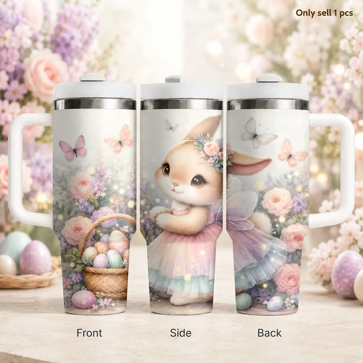 Guluboo Cute Bunny Easter Floral 40oz Tumbler for Women, Spring Rabbit Insulated Cup with Handle and Straw, Leakproof Stainless Steel Drinkware for Easter Celebration, Coffee, Garden Lovers, Office and Gifts