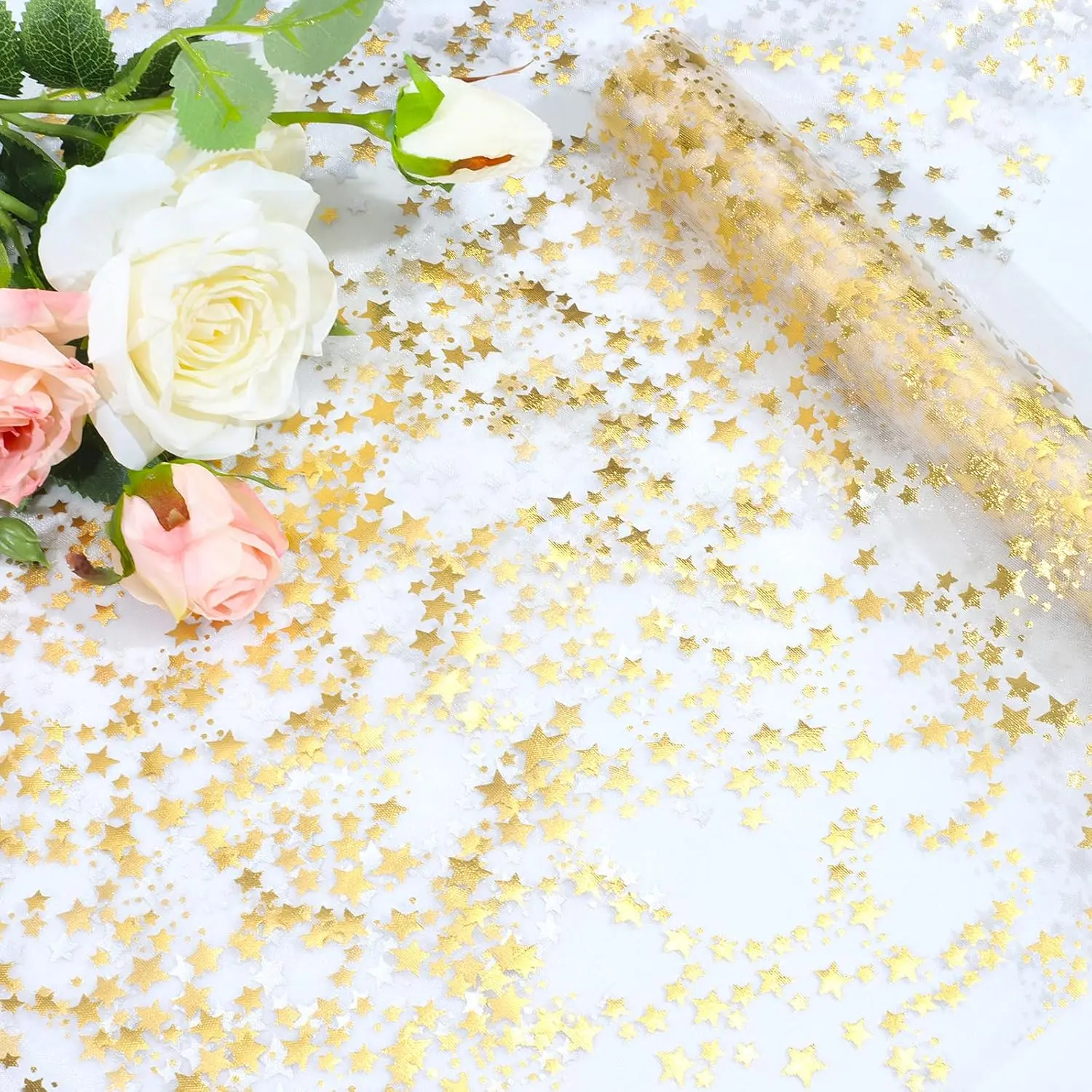1 Roll   Table Runner, 16 Ft 11" Wide Sparkly etallic Glitter Tulle Runner with Stars for Wedding, Christas, Party Decor Centerpiece